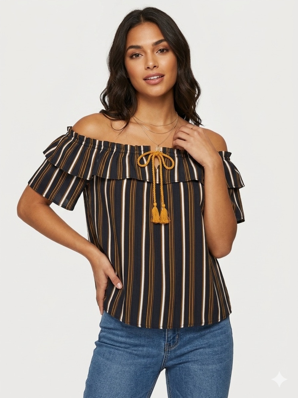 NEW! PIA ROSSINI Off-Shoulder Striped Ruffled Top Size M